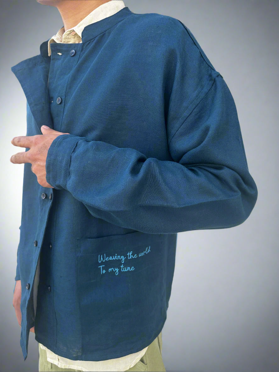 Double-Breasted Pure Linen Shirt Jacket for Men - Navy