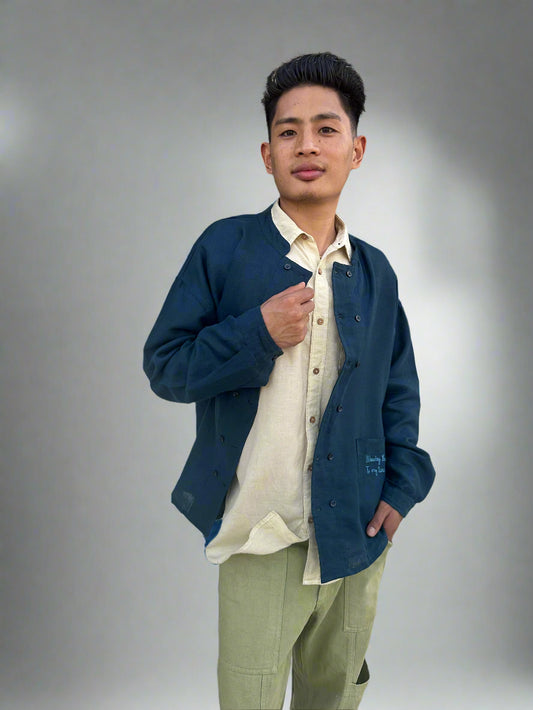 Double-Breasted Pure Linen Shirt Jacket for Men - Navy