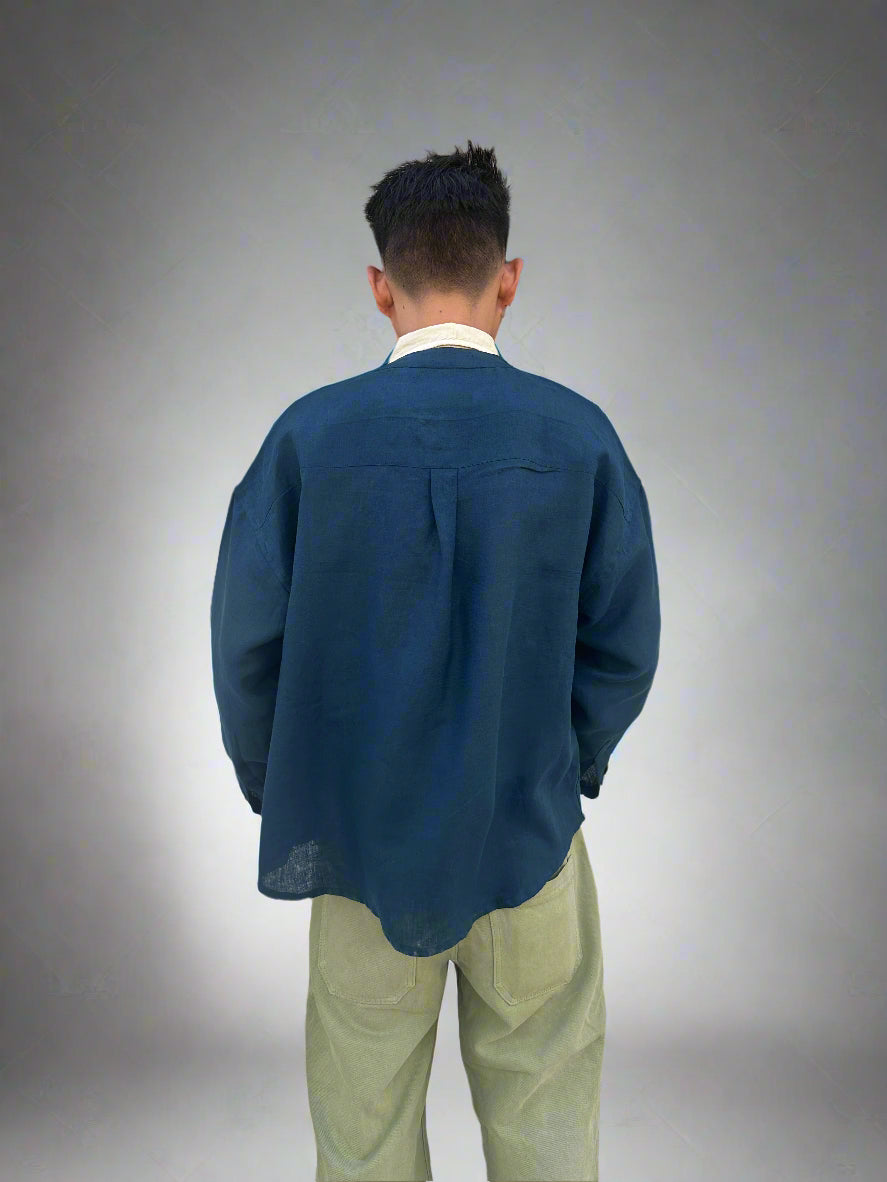 Double-Breasted Pure Linen Shirt Jacket for Men - Navy