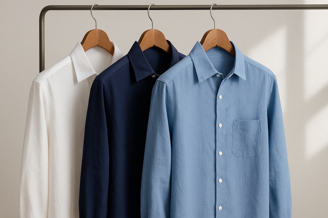 Pure linen and Tencel-linen shirts hanging on wooden hangers in natural light – sustainable wardrobe essentials.