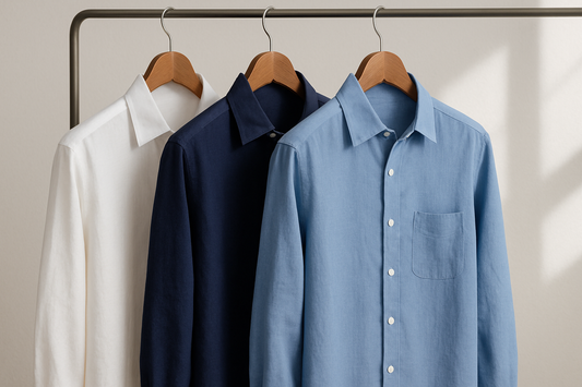Pure linen and Tencel-linen shirts hanging on wooden hangers in natural light – sustainable wardrobe essentials.