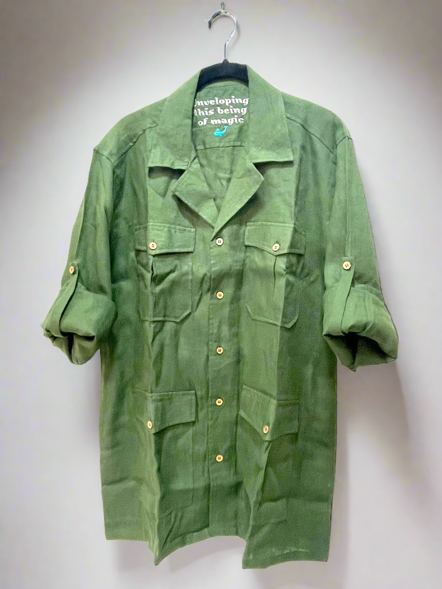 Green jacket on a hanger with text on a white background