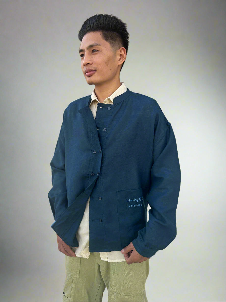 Double-Breasted Pure Linen Shirt Jacket for Men - Navy