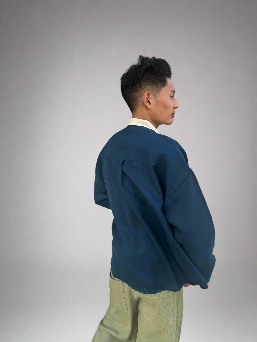 Double-Breasted Pure Linen Shirt Jacket for Men - Navy