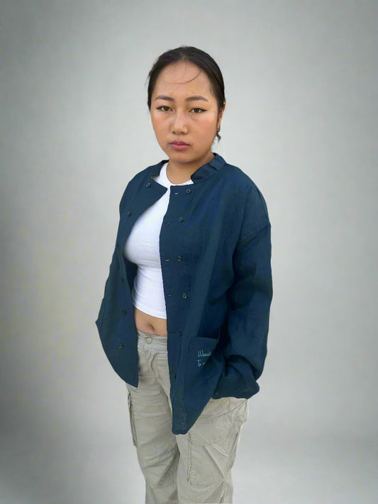 Double-Breasted Pure Linen Shirt Jacket - Navy
