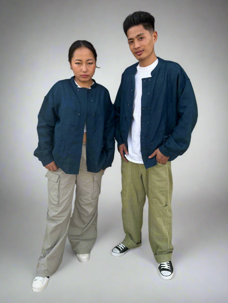 Double-Breasted Pure Linen Shirt Jacket for Men - Navy