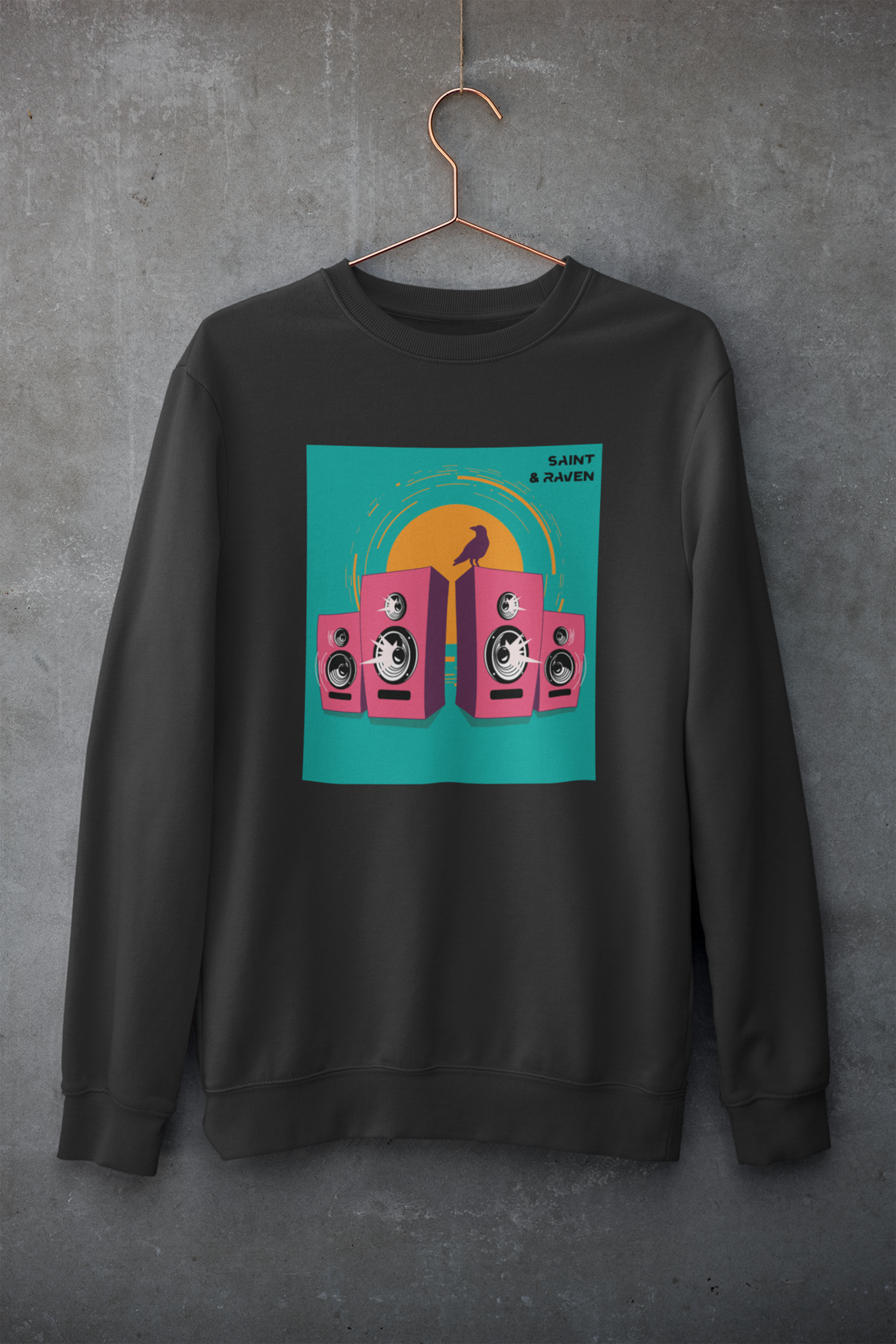 Sound System Speakers and Raven Sweatshirt