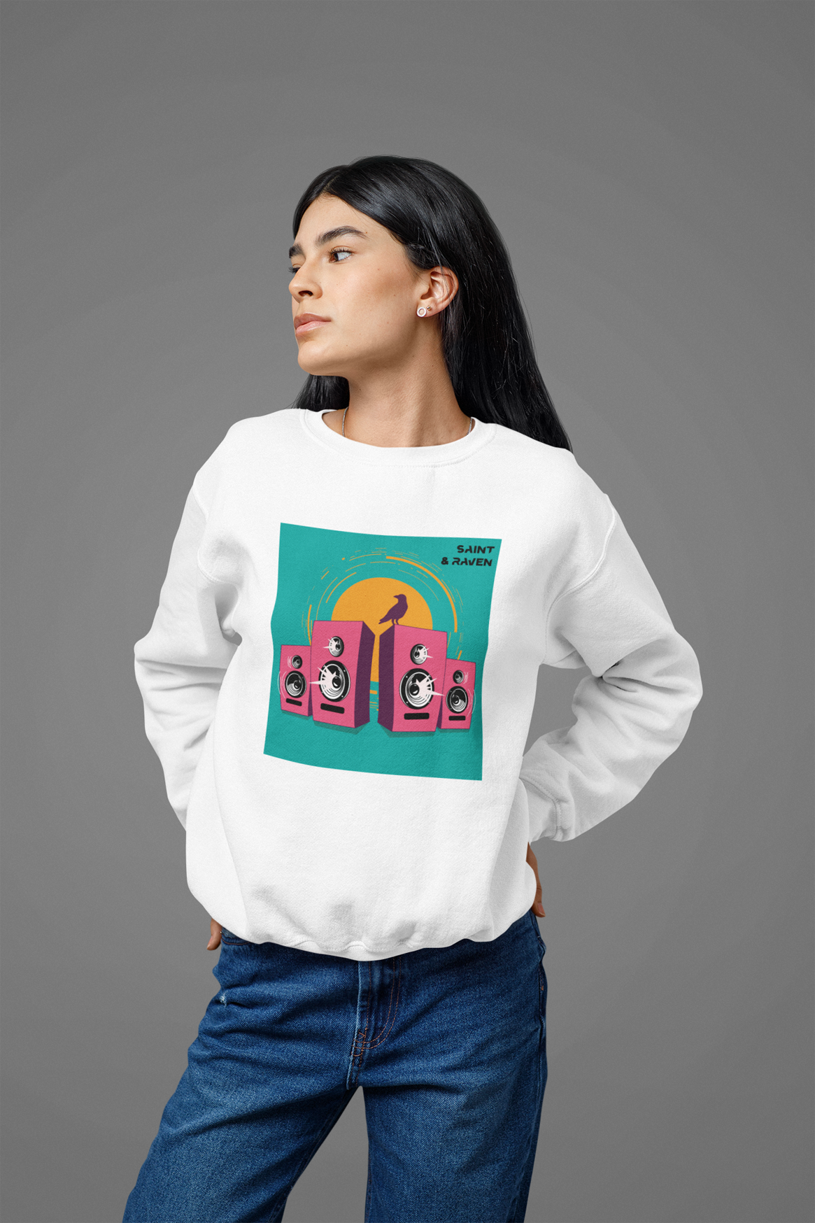 Sound System Speakers and Raven Sweatshirt